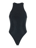 One-Piece Swimsuit VENUJA with Racerback and Striped Decoration Sequins in Black Tech Fabric for Women Beachwear