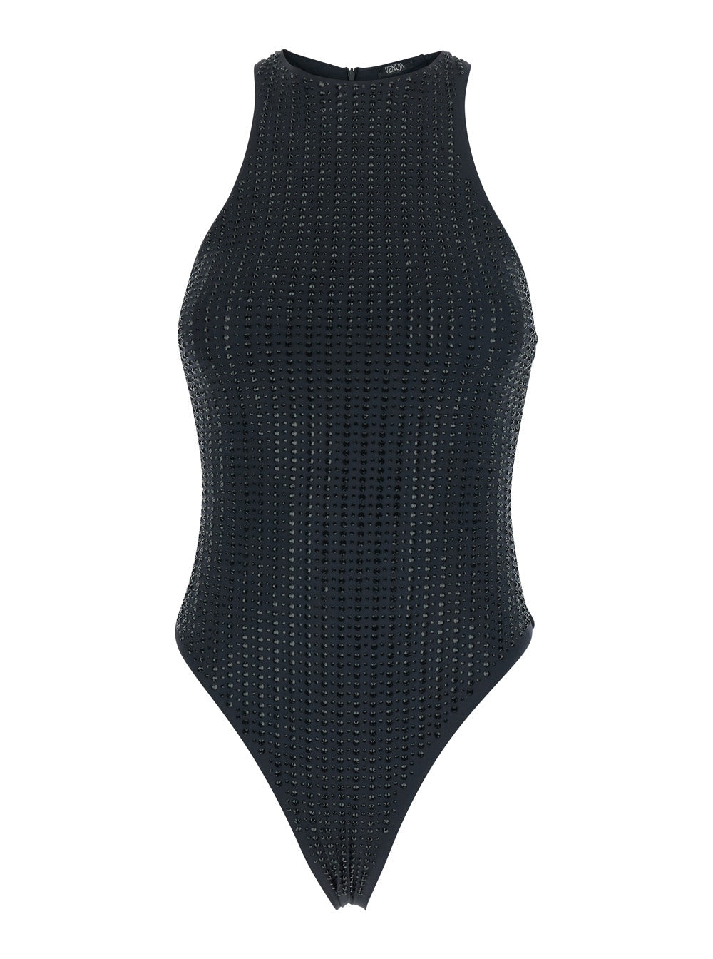 One-Piece Swimsuit VENUJA with Racerback and Striped Decoration Sequins in Black Tech Fabric for Women Beachwear