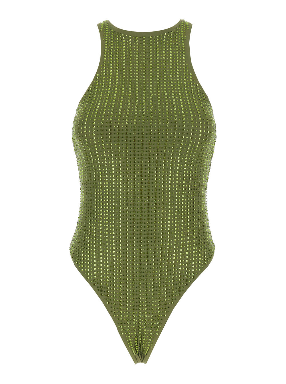 One-Piece Swimsuit with Racerback and Striped Sequins in Green Tech Fabric for Women Beachwear