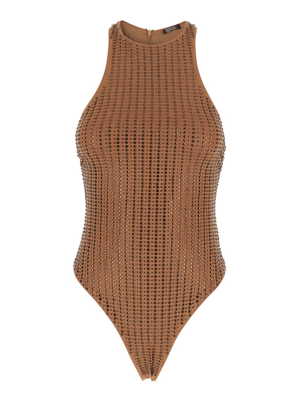One-Piece Swimsuit with Racerback and Striped Sequins in Stretch Tech Fabric Brown Women Beachwear
