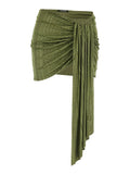 Green Mini Skirt With Draping On The Front And All-Over Strass Tech Fabric For Women