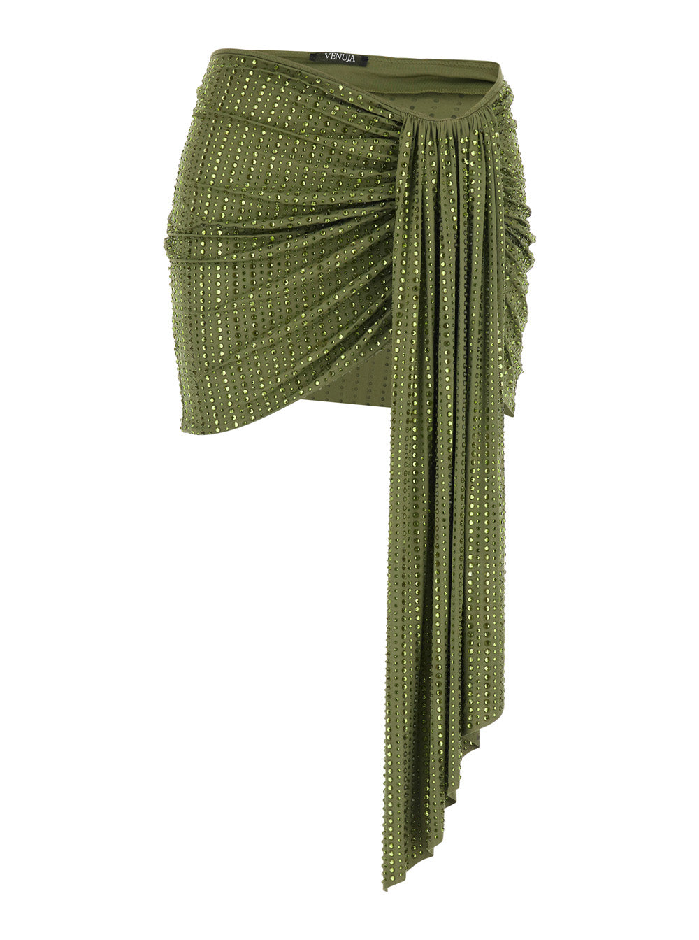 Green Mini Skirt With Draping On The Front And All-Over Strass Tech Fabric For Women