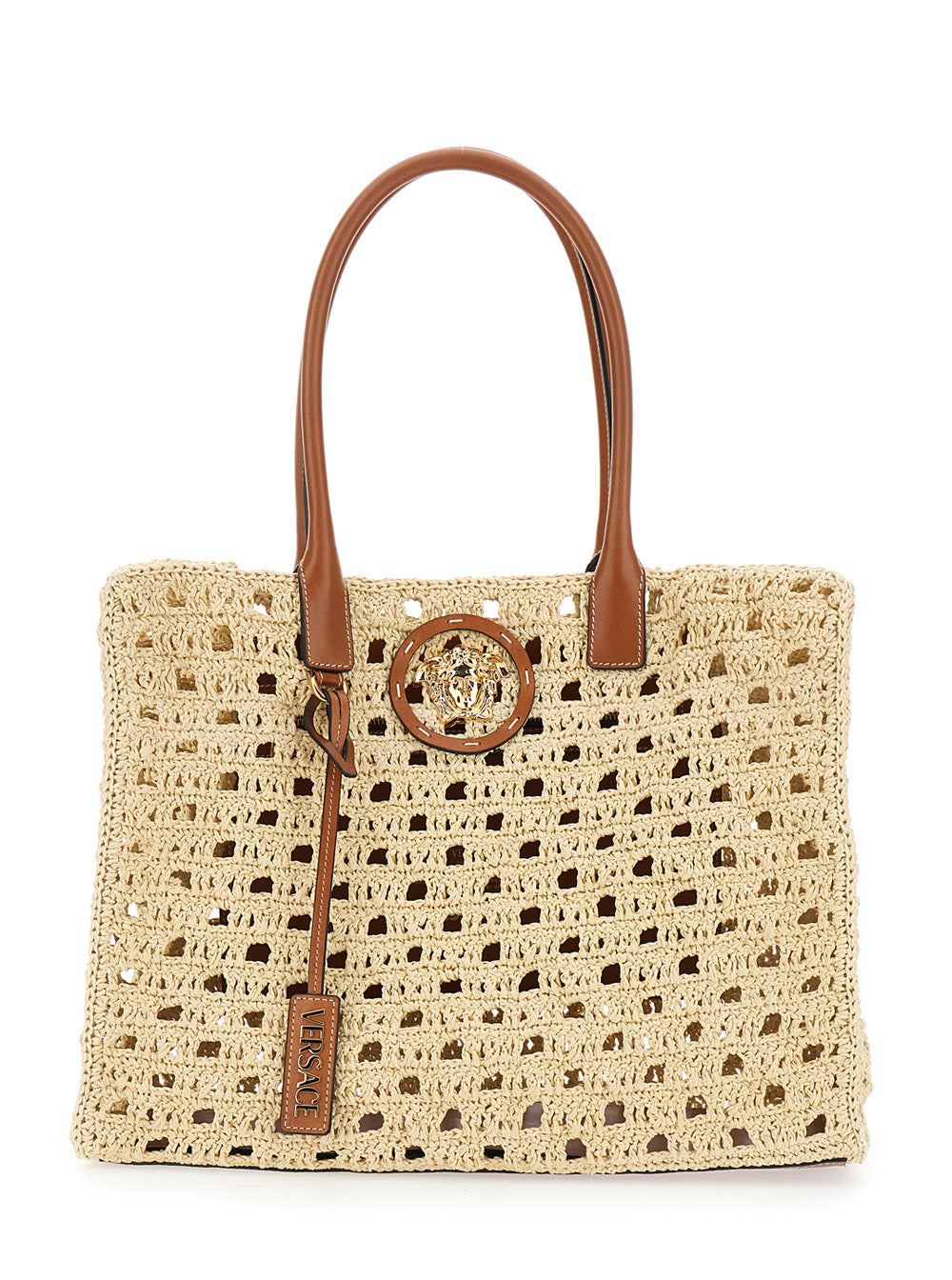 La Medusa Beige Tote bag with Logo Plate and Removable Pendant in Raffia for Women