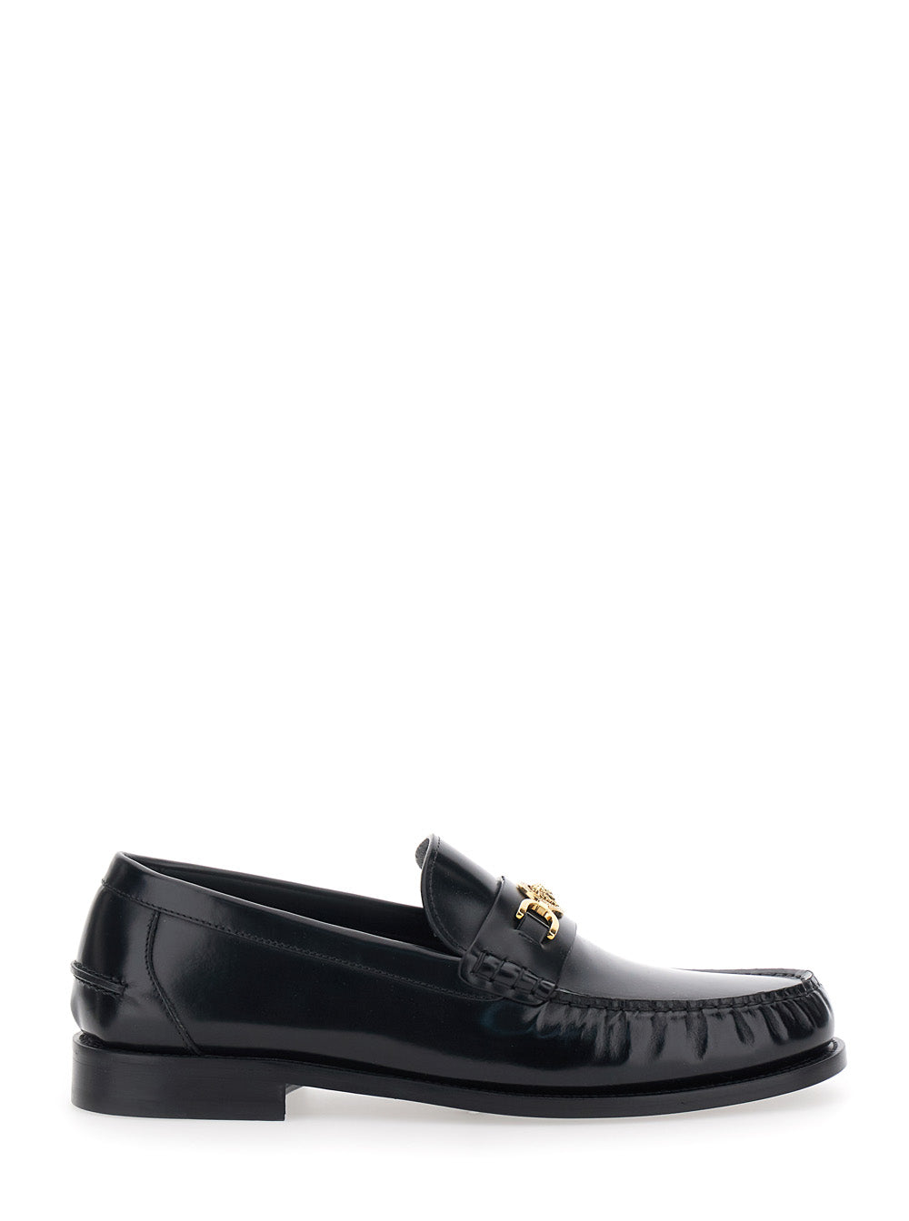 Black Loafers with Metallic Medusa Head Detail in Leather for Men Calf