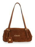 Shoulder Bag Tag Bowling With Metallic Lettering Logo And Medusa Head Pendant Brown Suede For Women