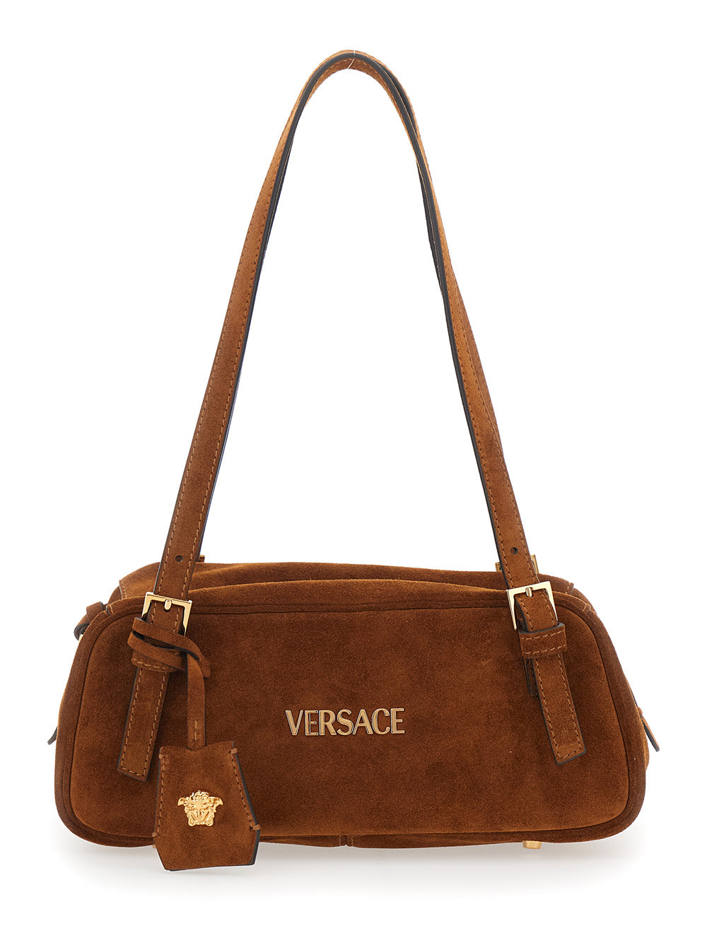 Shoulder Bag Tag Bowling With Metallic Lettering Logo And Medusa Head Pendant Brown Suede For Women