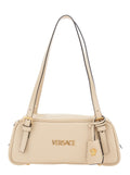 White Tag Bowling Shoulder Bag with Metallic Lettering Logo and Medusa Head Pendant in Leather for Women Lamb