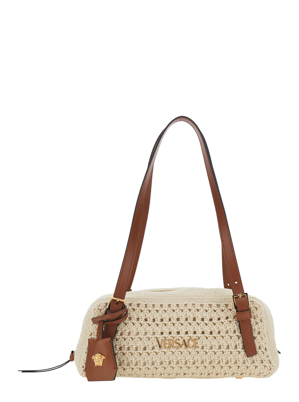 Beige Shoulder Bag Tag Bowling With Metallic Lettering Logo And Raffia Medusa Head Pendant For Women