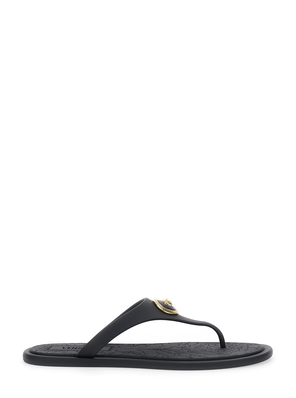 Black Sandals with Medusa Detail In Rubber for Women Thermoplastic Polyurethane Flat Shoes