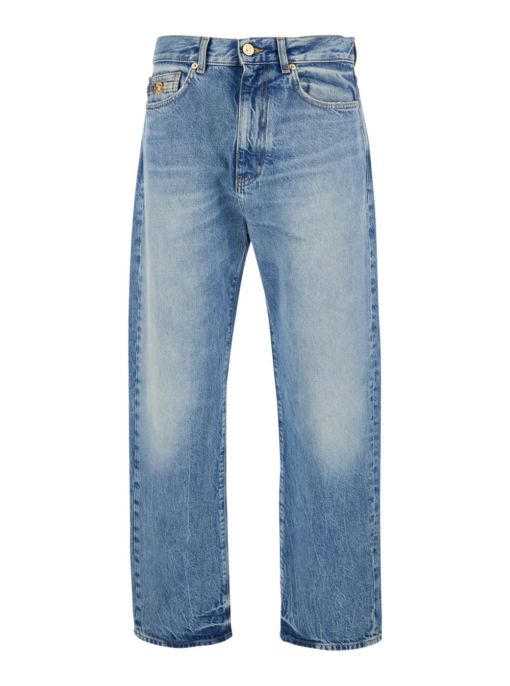 Light Blue Jeans with Logo Patch on the Back and Faded Effect in Denim for Men Cotton