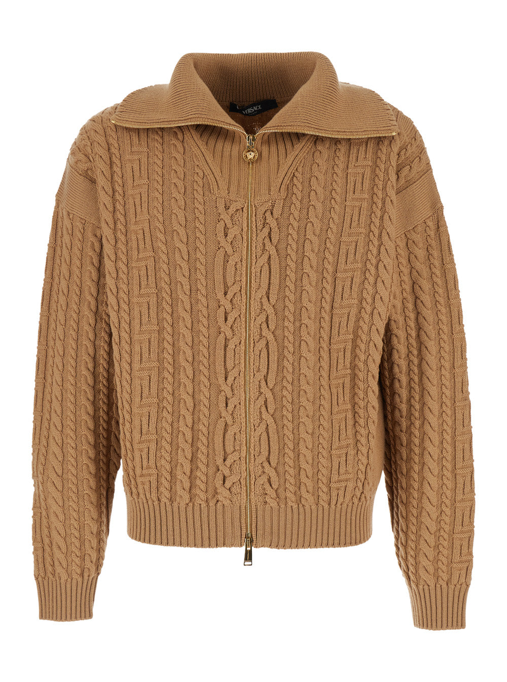 Beige High Neck Sweater with Zip and Embroidered Medusa Head on the Back in Wool for Men Pure Virgin Jersey
