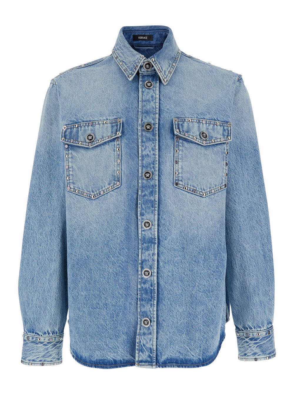 Light Blue Shirt with Classic Collar and Two Patch Pockets on the Front in Denim for Men Cotton Blouses