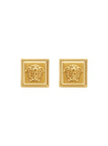 Square Design Earrings with Medusa Head Details in Gold-Colored Brass for Women Metallic