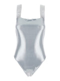 One-Piece Swimsuit with Greca Detail on the Straps in Stretch Tech Fabric for Women Metallic Polyester Elastane Beachwear