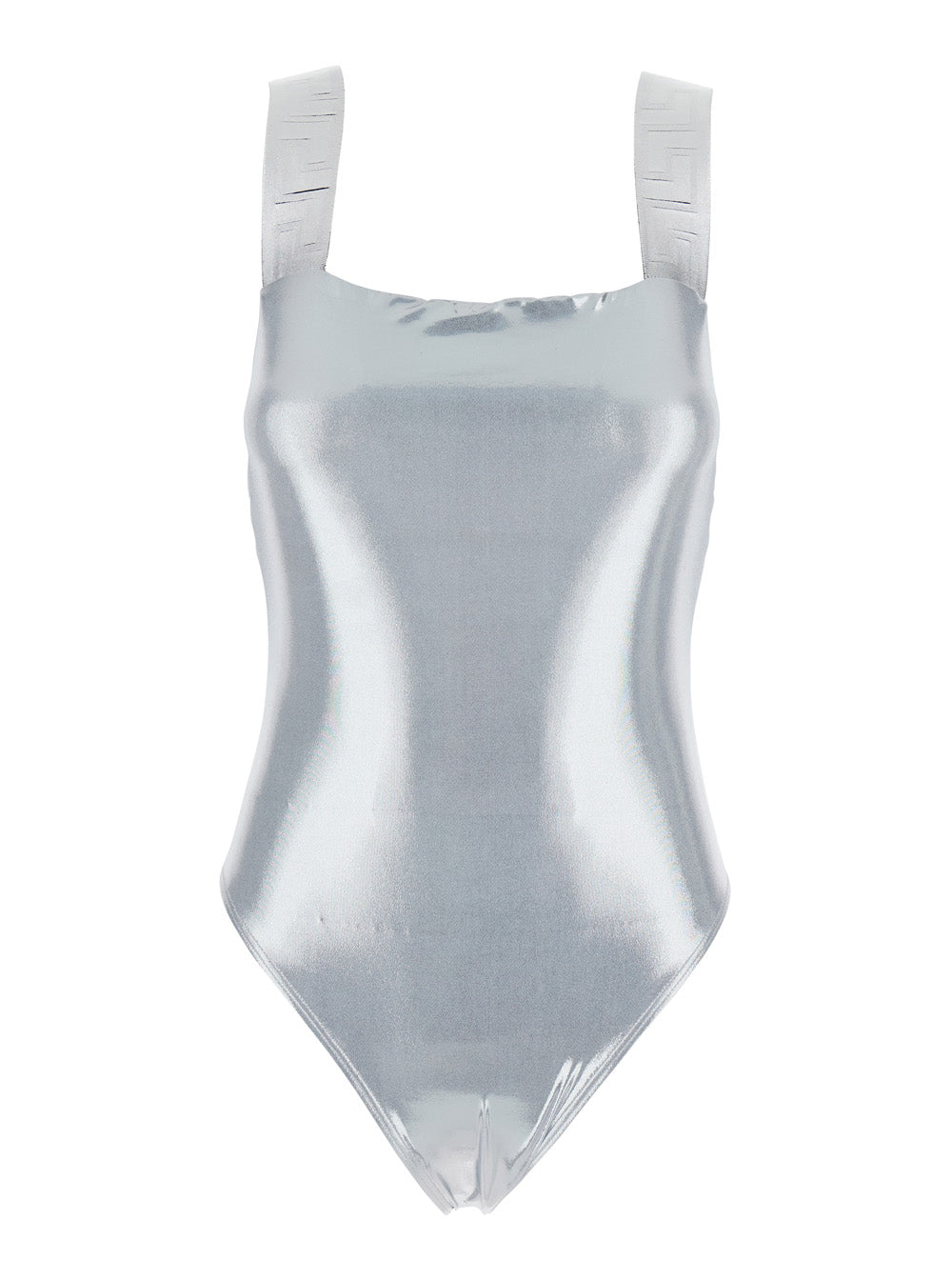 One-Piece Swimsuit with Greca Detail on the Straps in Stretch Tech Fabric for Women Metallic Polyester Elastane Beachwear