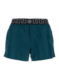 Green Swim Shorts with Elasticated Waist and Greca Motif in Tech Fabric Men Polyester Beachwear