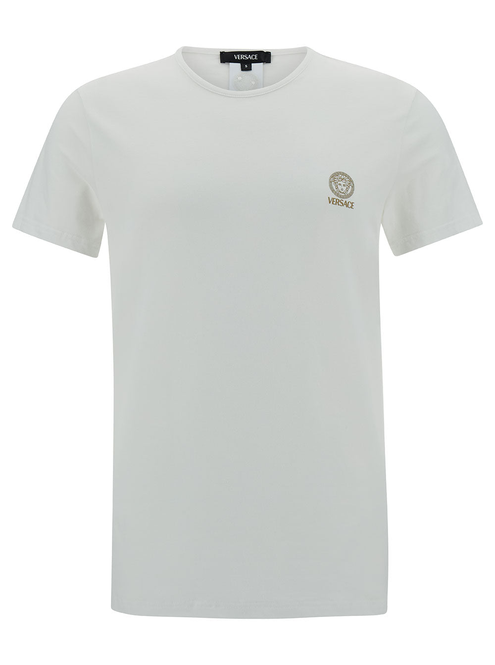 White Crew Neck T-Shirt with Medusa Print on Front in Stretch Cotton for Men Elastane Tshirts And Polo Shirts