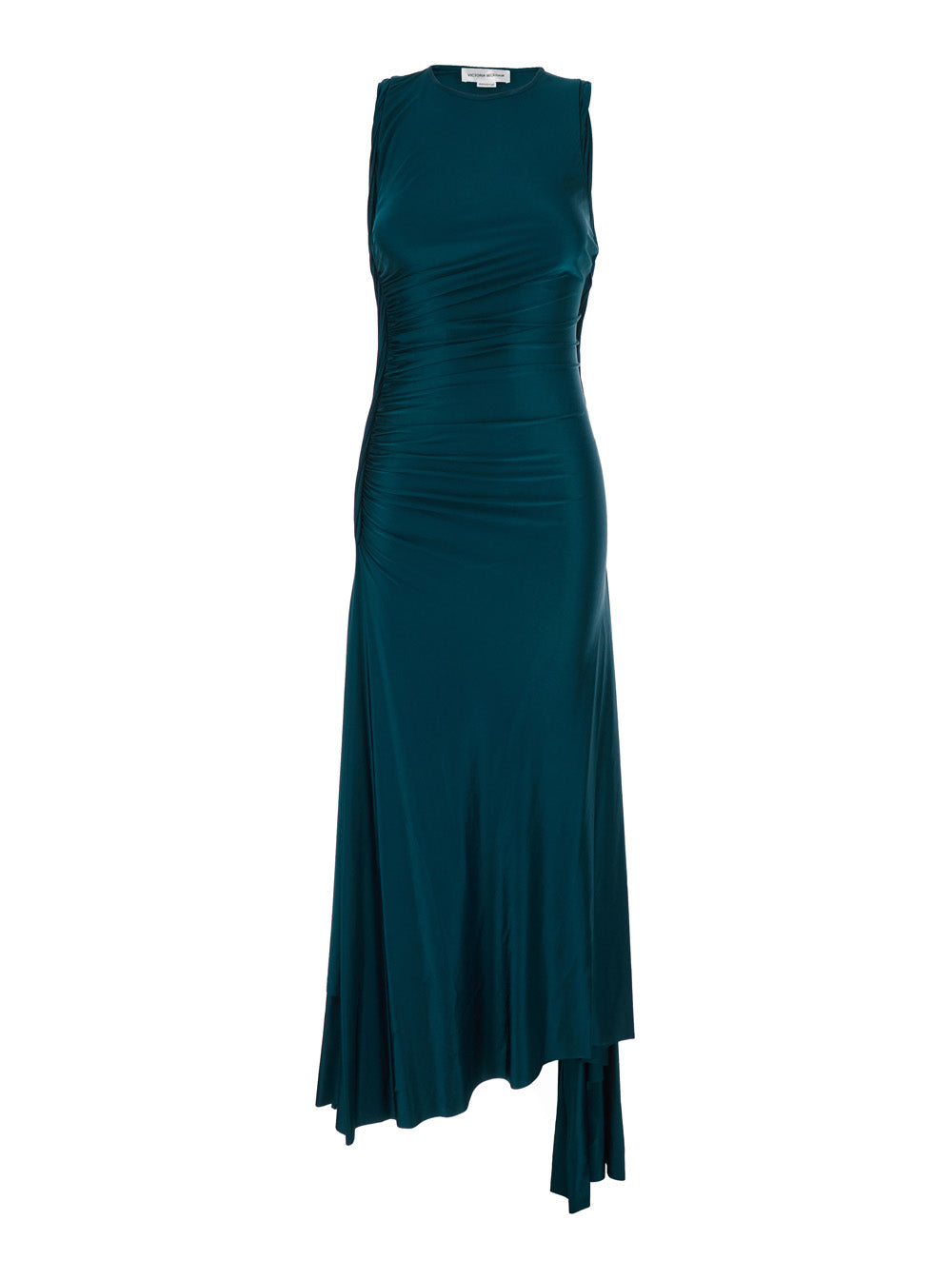 Long Dress Victoria Petrol Green with Round Neck and Ruching Details in Viscose for Women Elastane