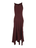 Bordeaux Draped Neck Midi Dress with Asymmetric Hem for Women Acetate Viscose Long