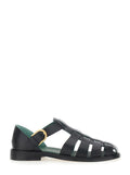 Mens Black Leather Cage Design Sandals with Buckle Closure Nappa Flat Shoes