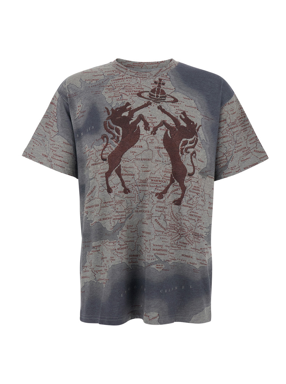 Gray Crew Neck T-shirt with All-over Print and Logo Detail in Cotton Man Grey Tshirts Polo Shirts