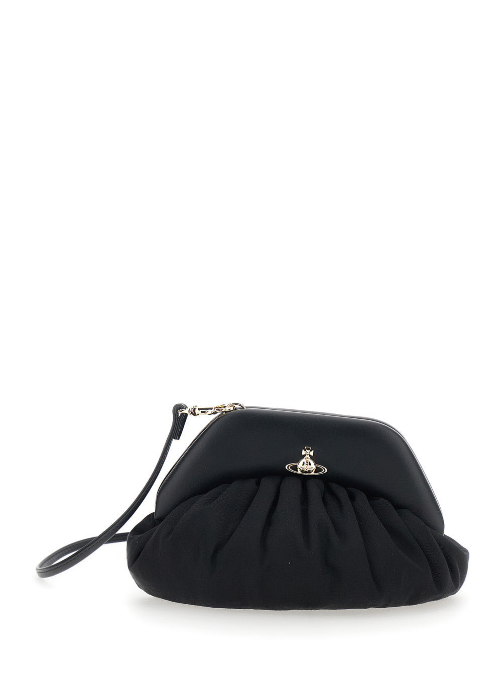Clutch Brooke with Adjustable and Removable Shoulder Strap Orb Plaque on the Front in Black Leather for Women Viscose Hand Bags