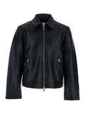 Black Jacket with Classic Collar and Leather Zip Closure for Men Outerwear
