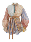 Midi Dress Rebellion with Bow Detail and All-Over Stripes in Linen Silk Blend Multicolor Women