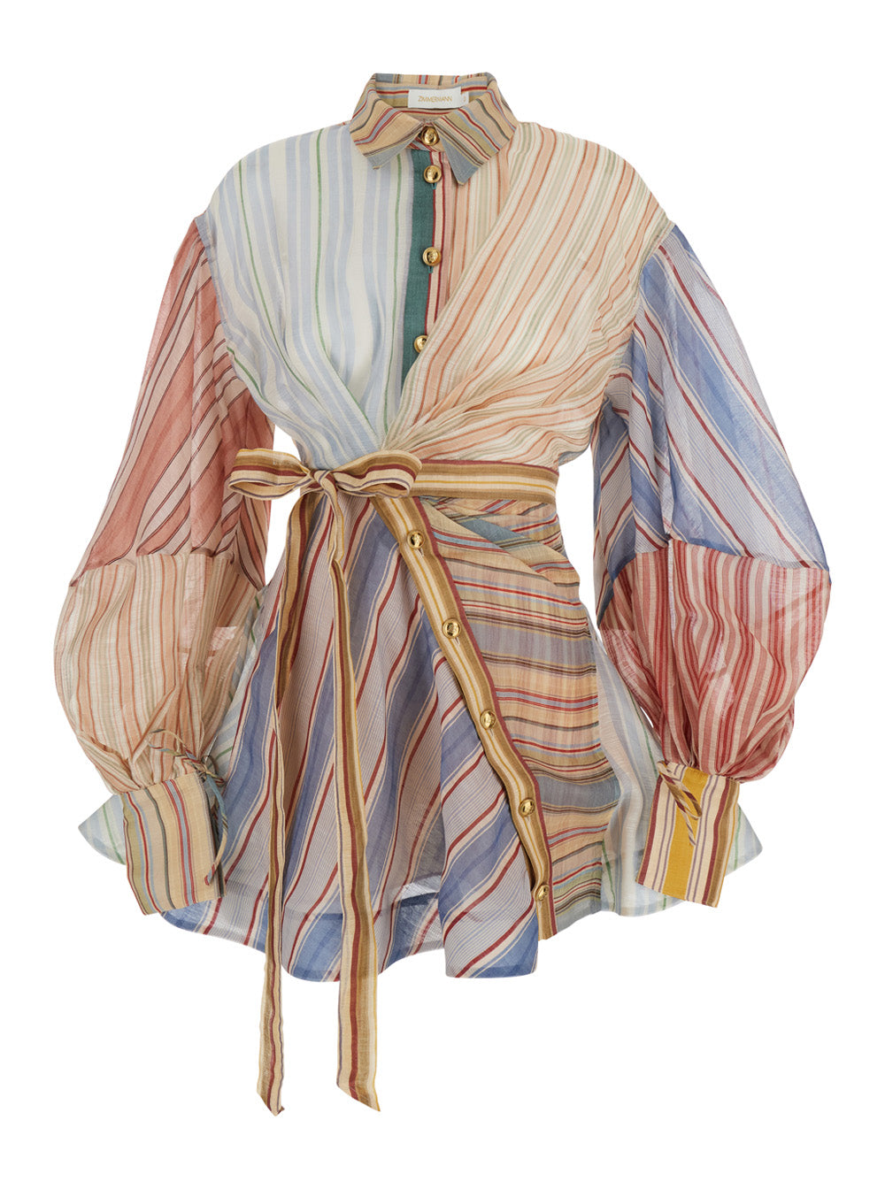 Midi Dress Rebellion with Bow Detail and All-Over Stripes in Linen Silk Blend Multicolor Women