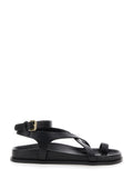 Jalen Slim Sandals with Woven Straps and Leather Buckle Closure Black Women Goat Suede Flat Shoes