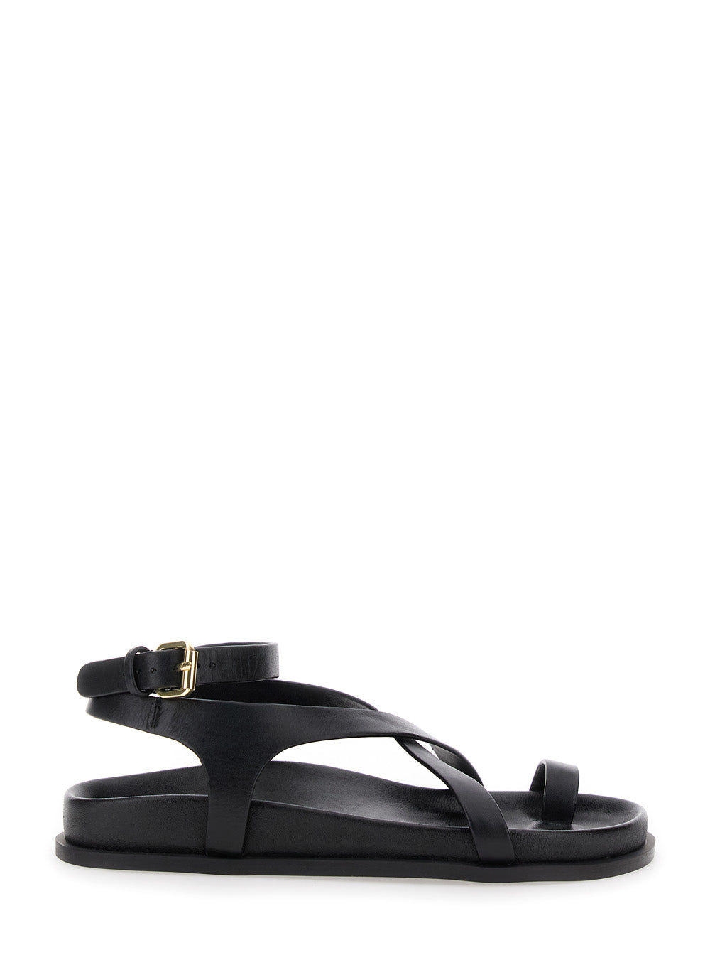 Jalen Slim Sandals with Woven Straps and Leather Buckle Closure Black Women Goat Suede Flat Shoes