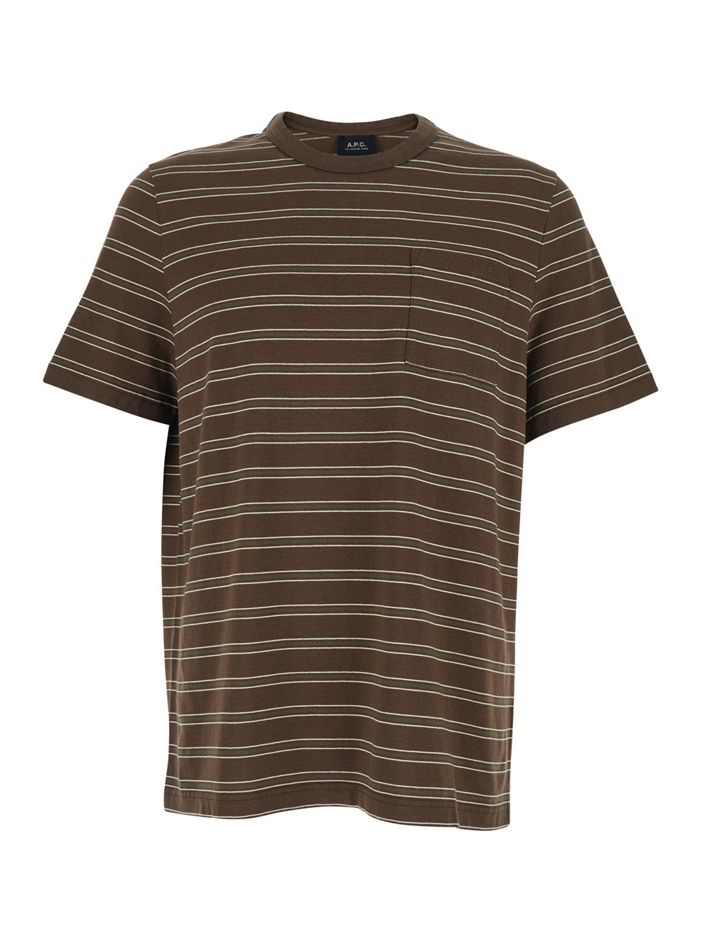 Brown Crew Neck T-Shirt with Striped Motif and Logo on Front in Cotton for Men Biological Tshirts Polo Shirts