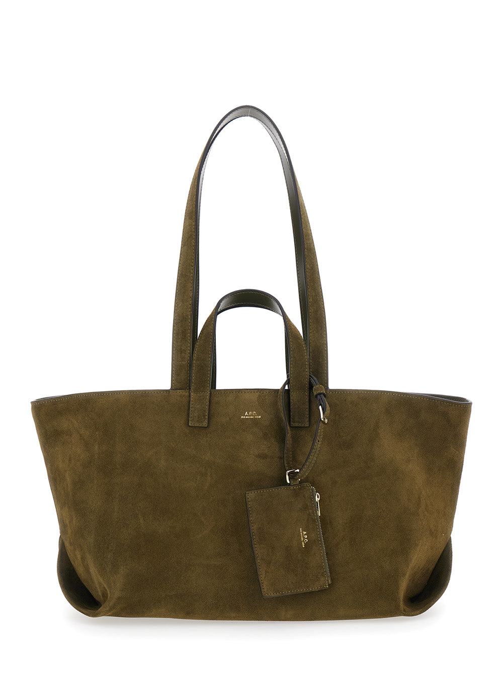Le Drummer Green Shopper with Four Handles and Logo Lettering on the Front in Suede Women Calf Tote Bags