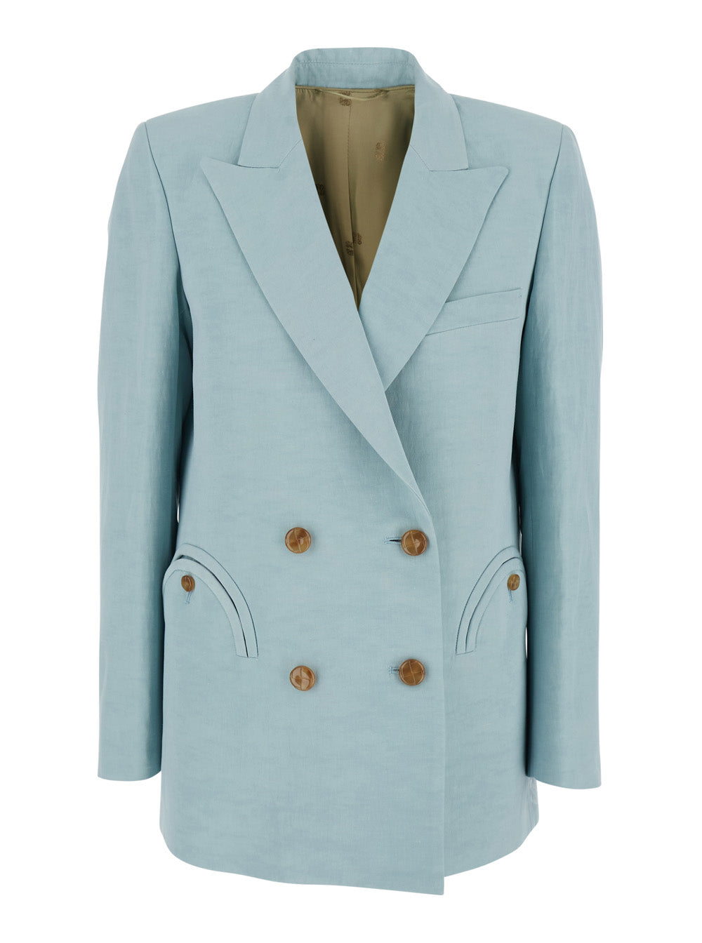 Blue Silk Blend Jacket with Peak Revers for Women Light Linen Blazers