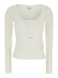 White Long Sleeve T-Shirt with Logo Patch on the Front In Ribbed Knit Cotton for Women Tshirts And Polo Shirts