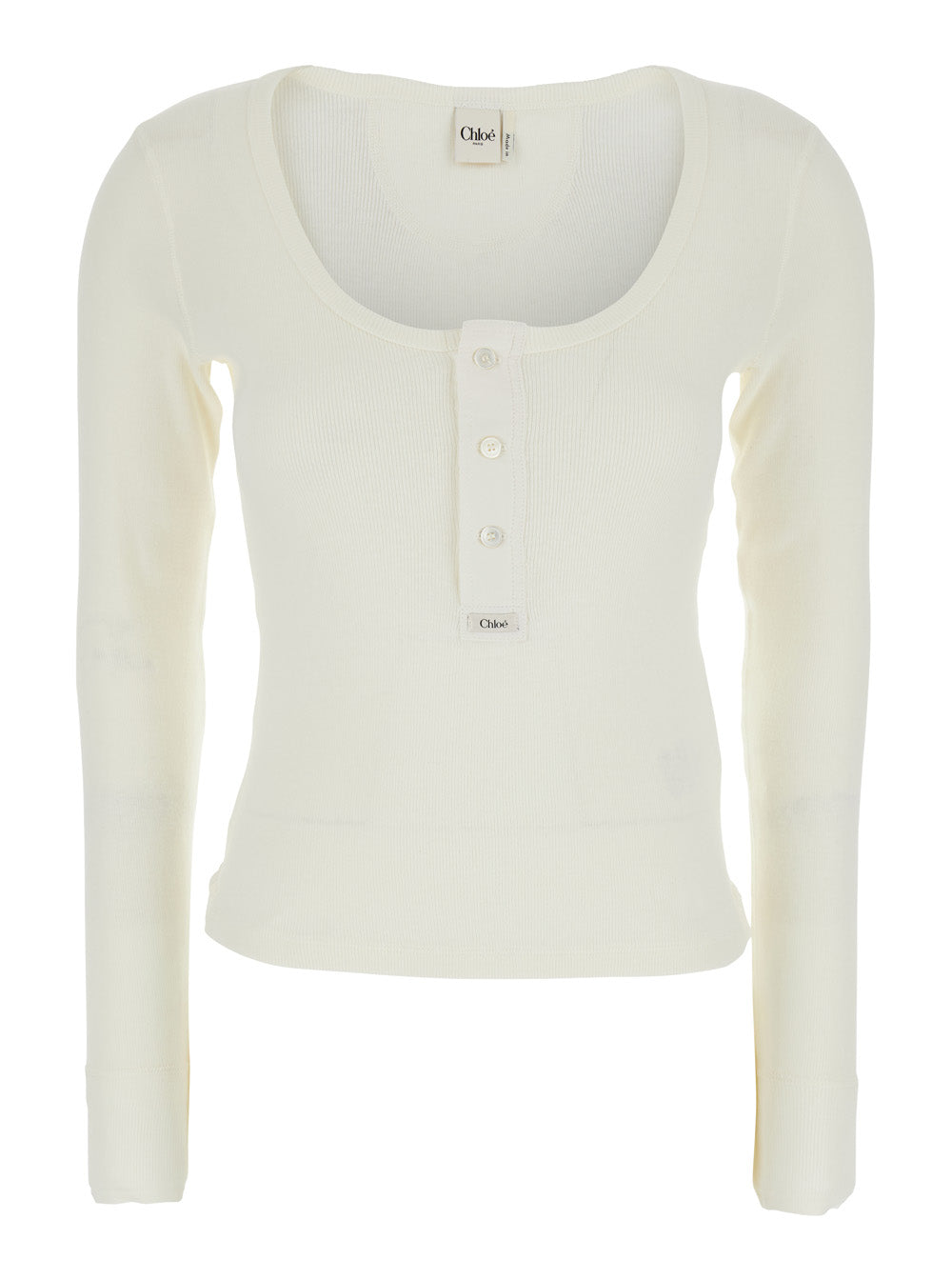 White Long Sleeve T-Shirt with Logo Patch on the Front In Ribbed Knit Cotton for Women Tshirts And Polo Shirts