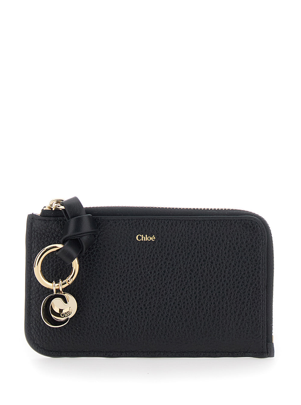 Black Wallet with Logo Charm on the Front and Top Zip Closure in Grained Leather for Women Products