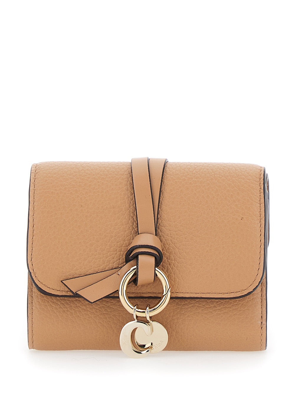 Small Tri-Fold Wallet with Charm on the Front and Magnetic Closure in Beige Leather for Women Products
