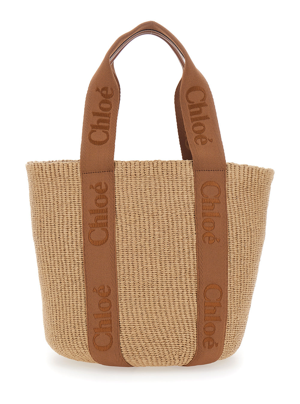 Beige Woody Tote Bag With Logo Woven Natural Fibers For Women