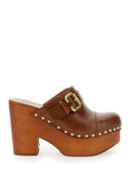 Brown Jeanette Wedge Clogs in Leather and Wood for Women Calf Wedges