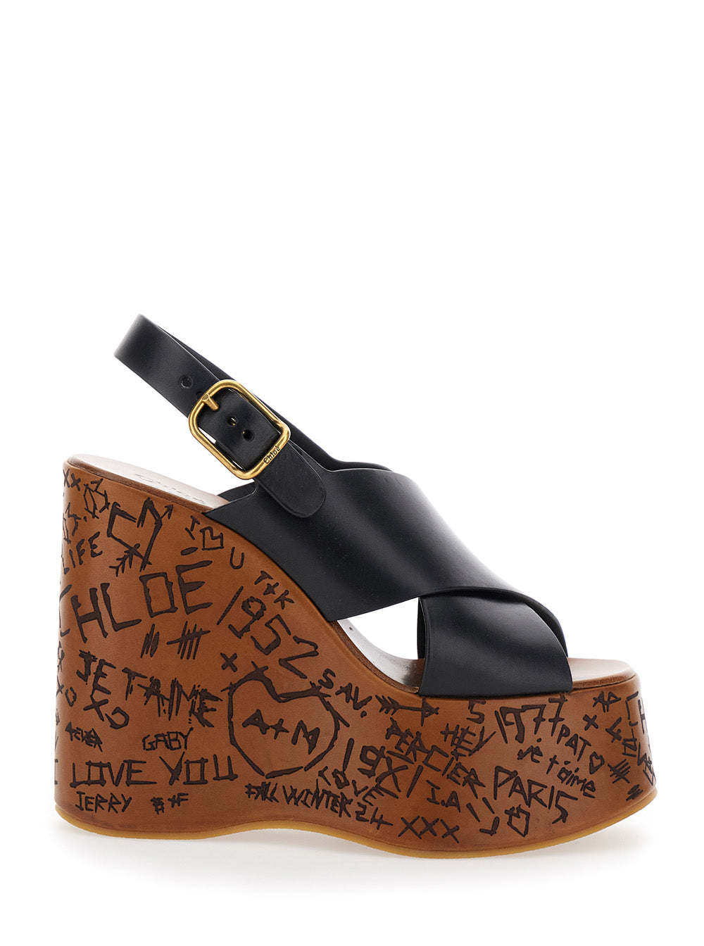 Maxime Wedges with High Engraved Heel and Black Leather Cross-Strap Thong Sandals for Women Calf