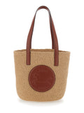 Beige Horse Medal Shopper with Flat Handles and Logo Patch on Front In Straw Fabric Woman Textile Paper Tote Bags