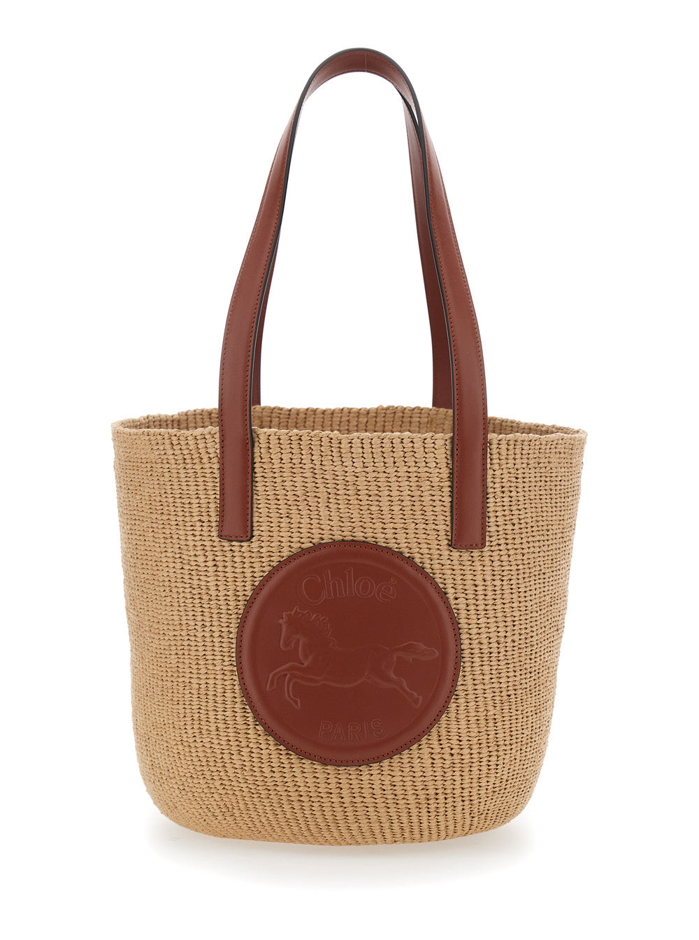 Beige Horse Medal Shopper with Flat Handles and Logo Patch on Front In Straw Fabric Woman Textile Paper Tote Bags