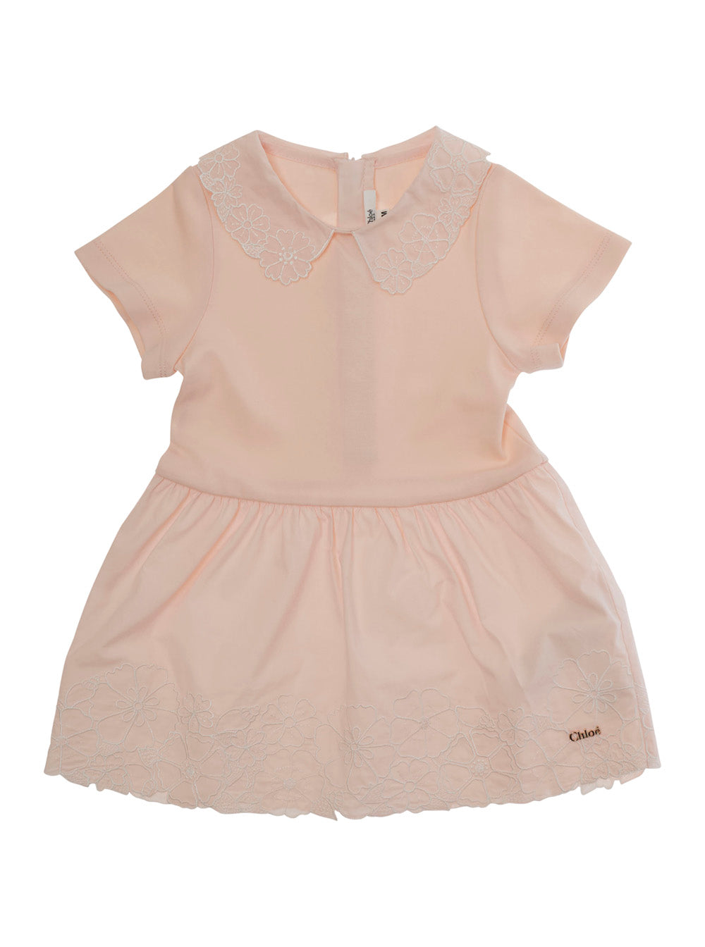 Pink Dress with Logo Lettering on the Front and All-Over Embroidery in Fabric Baby Cotton