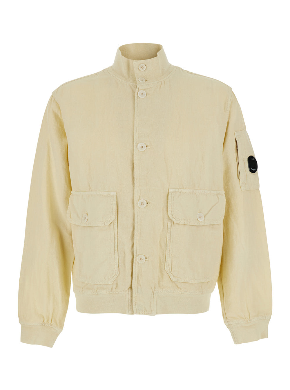 Beige Jacket With High Collar And Logo Plate On The Sleeve In Cotton Linen Men Outerwear