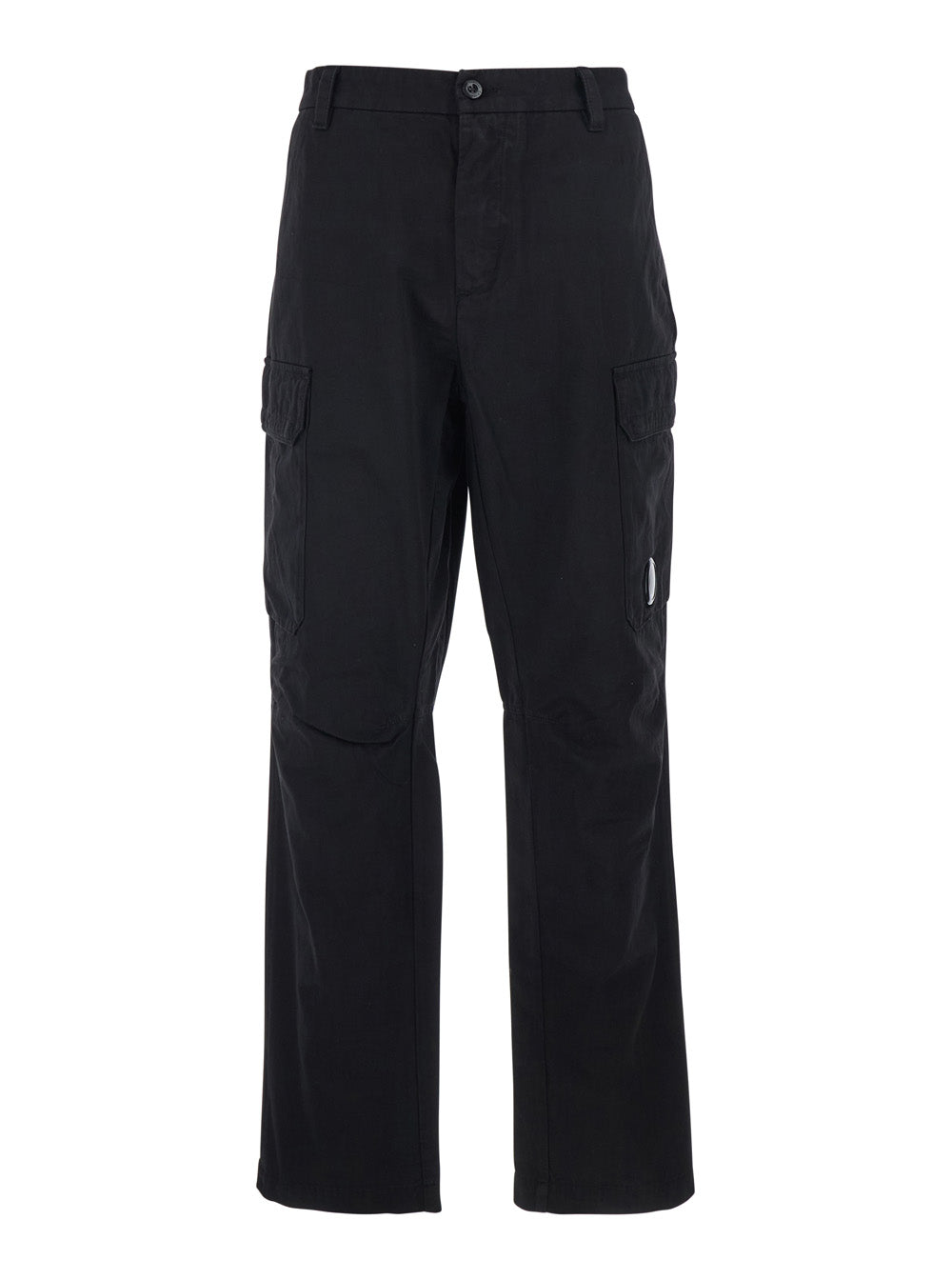 C.P. COMPANY Black Cargo Pants with Logo Plate on the Side and Two Front Pockets for Men Cotton Trousers