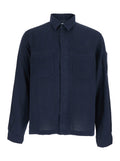 Blue Shirt With Classic Collar And Logo Plate On The Sleeve In Linen Man Blu Blouses