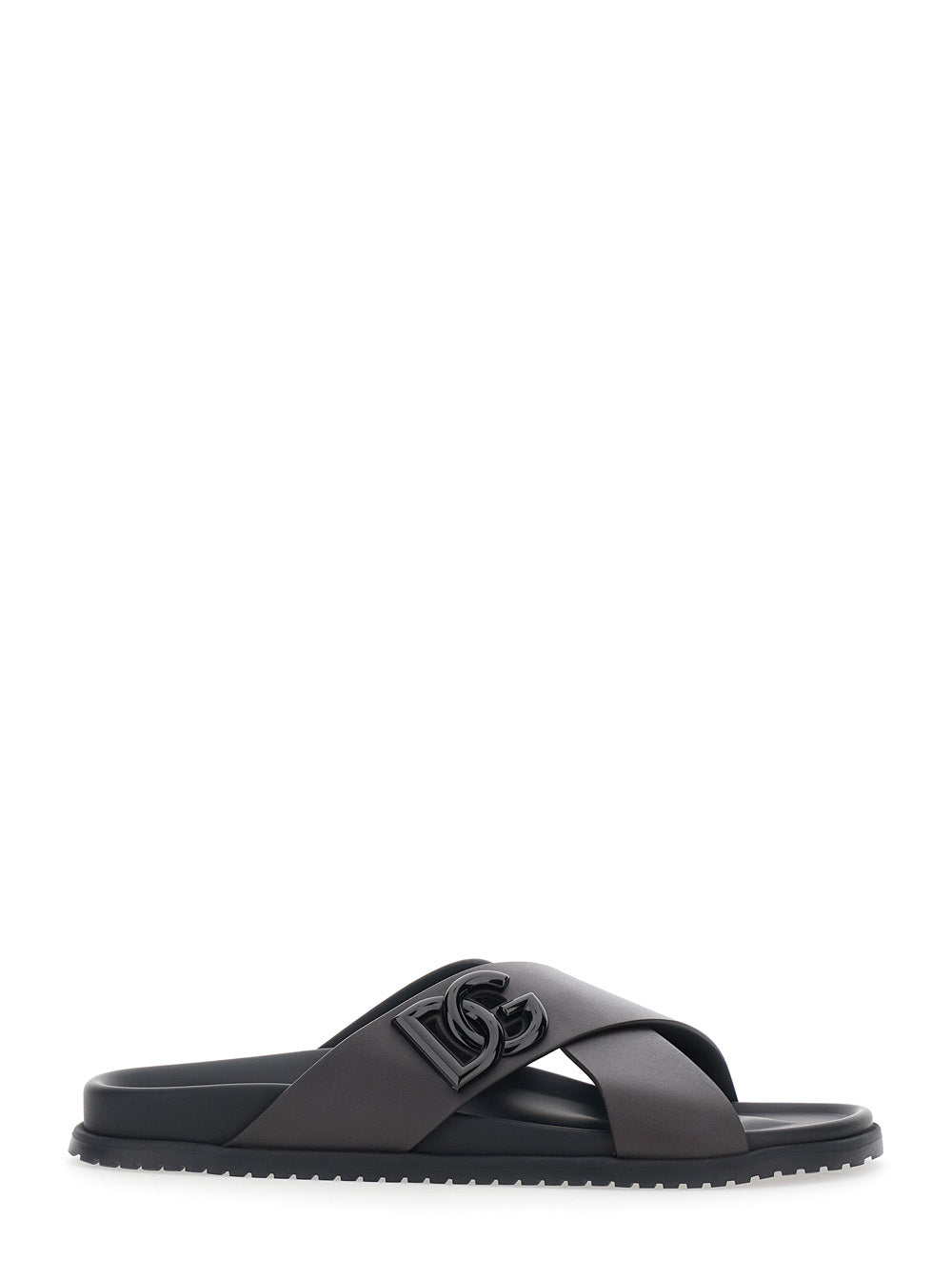 Brown Leather Sandals with DG Logo Detail on the Front for Men Calf Flat Shoes