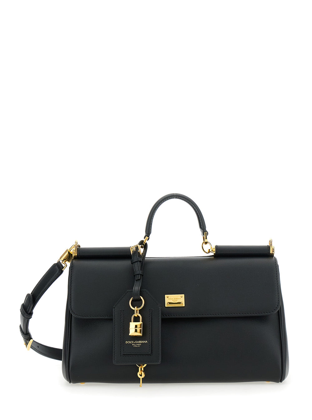 My Sicily Black Medium Handbag with Lock Detail and Adjustable Removable Leather Shoulder Strap for Women Calf Pvc Hand Bags