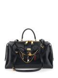 Black Shoulder Bag Vittoria with Chain Detail and Charm on Front in Leather for Women Cotton Calf